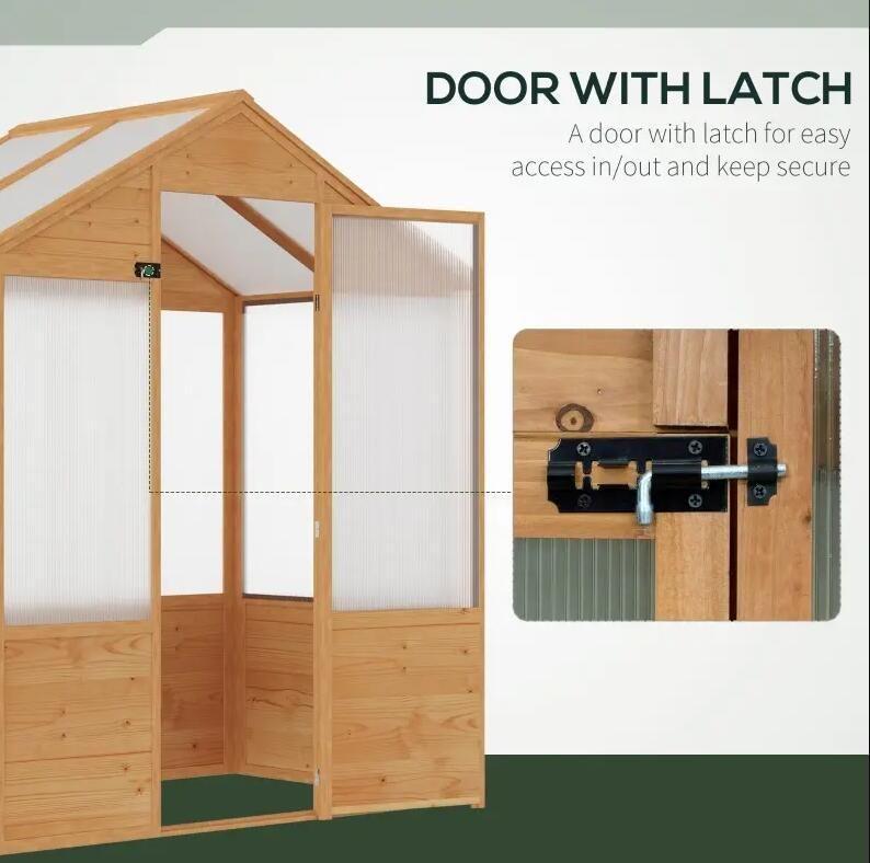 6' x 4' Fir Wood Greenhouse, Polycarbonate Panels, Lockable Door, Tilted Roof