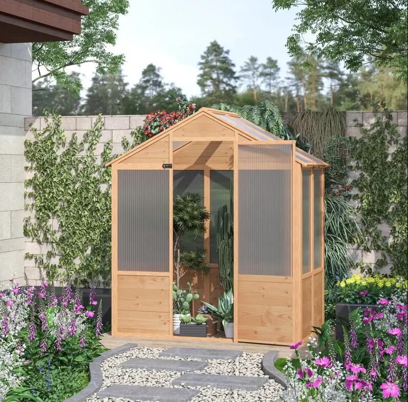 6' x 4' Fir Wood Greenhouse, Polycarbonate Panels, Lockable Door, Tilted Roof
