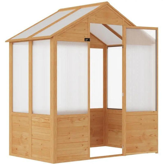 6' x 4' Fir Wood Greenhouse, Polycarbonate Panels, Lockable Door, Tilted Roof