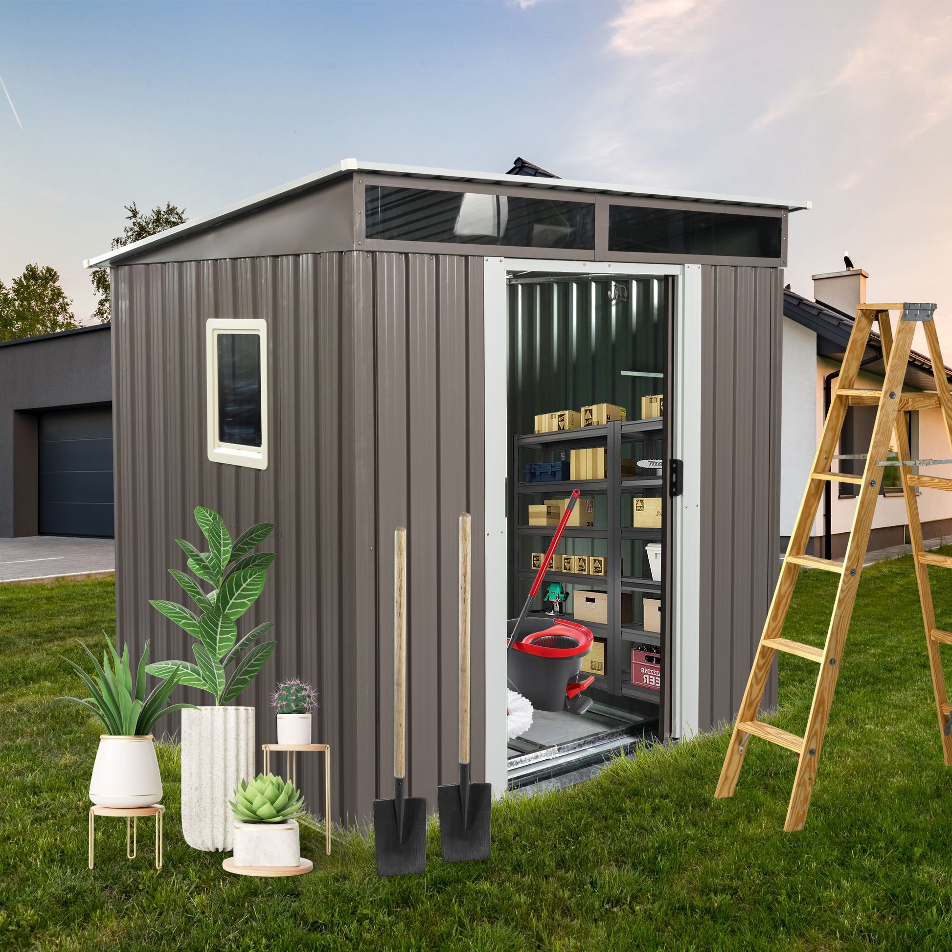 6' x 4.5' Outdoor Metal Storage Shed with Window & Transparent Plate