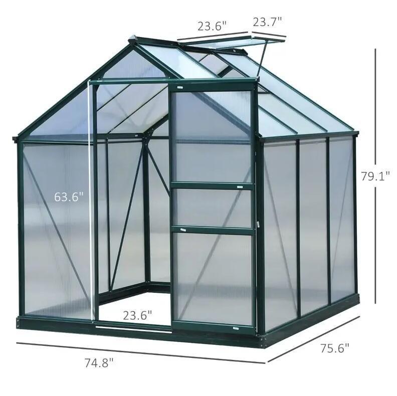 6' x 6' Polycarbonate Outdoor Greenhouse, Sliding Door, Ventilation Panel