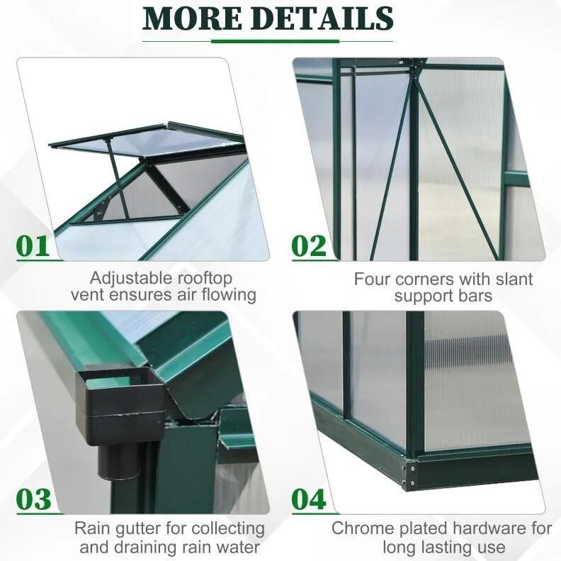 6' x 6' Polycarbonate Outdoor Greenhouse, Sliding Door, Ventilation Panel