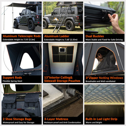 6.6' x 4.3' 4-Season Hard Shell Rooftop Tent, Fits 3-4 People
