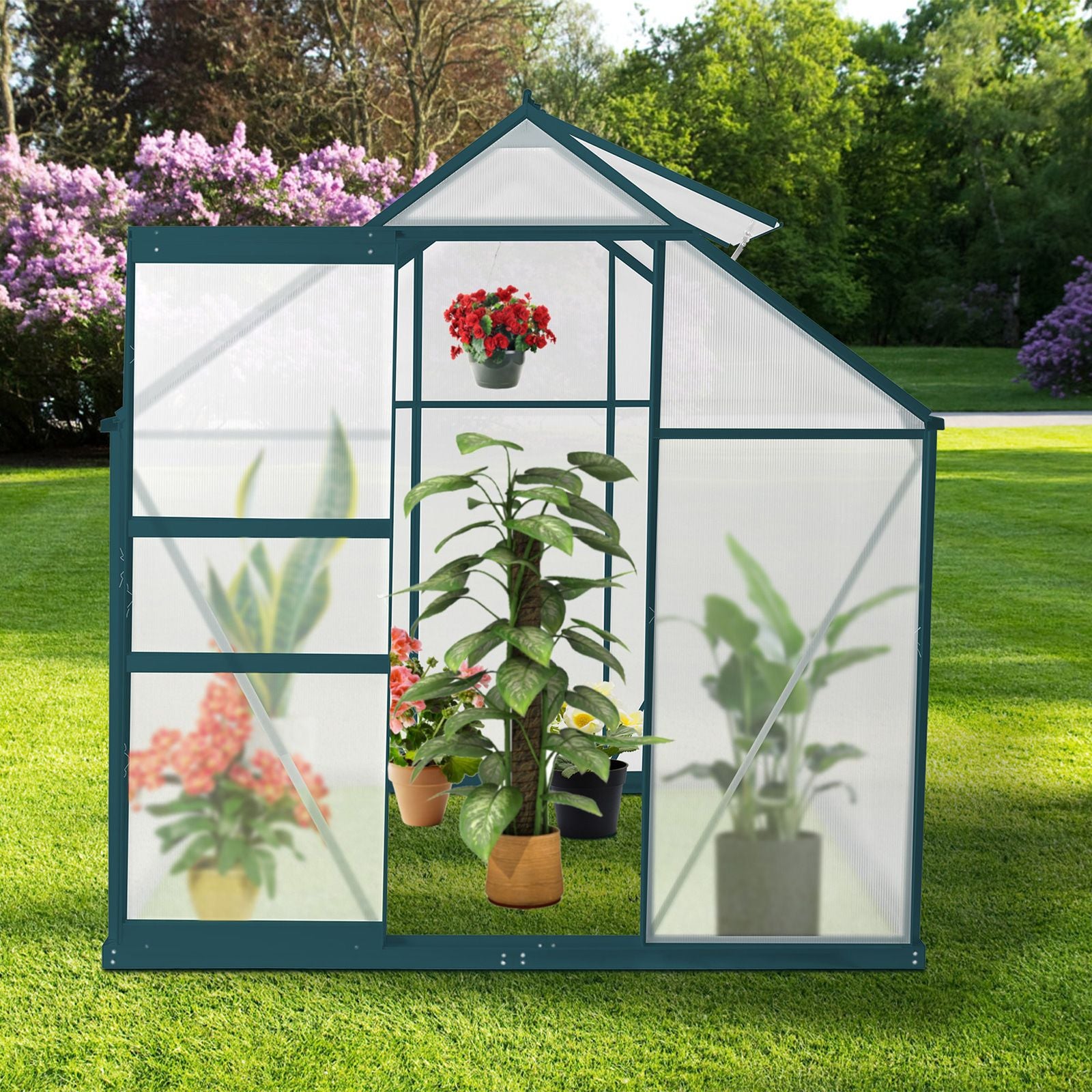 6x4 ft Walk-in Outdoor Greenhouse with Sliding Door, Vent Window, Rain Gutter