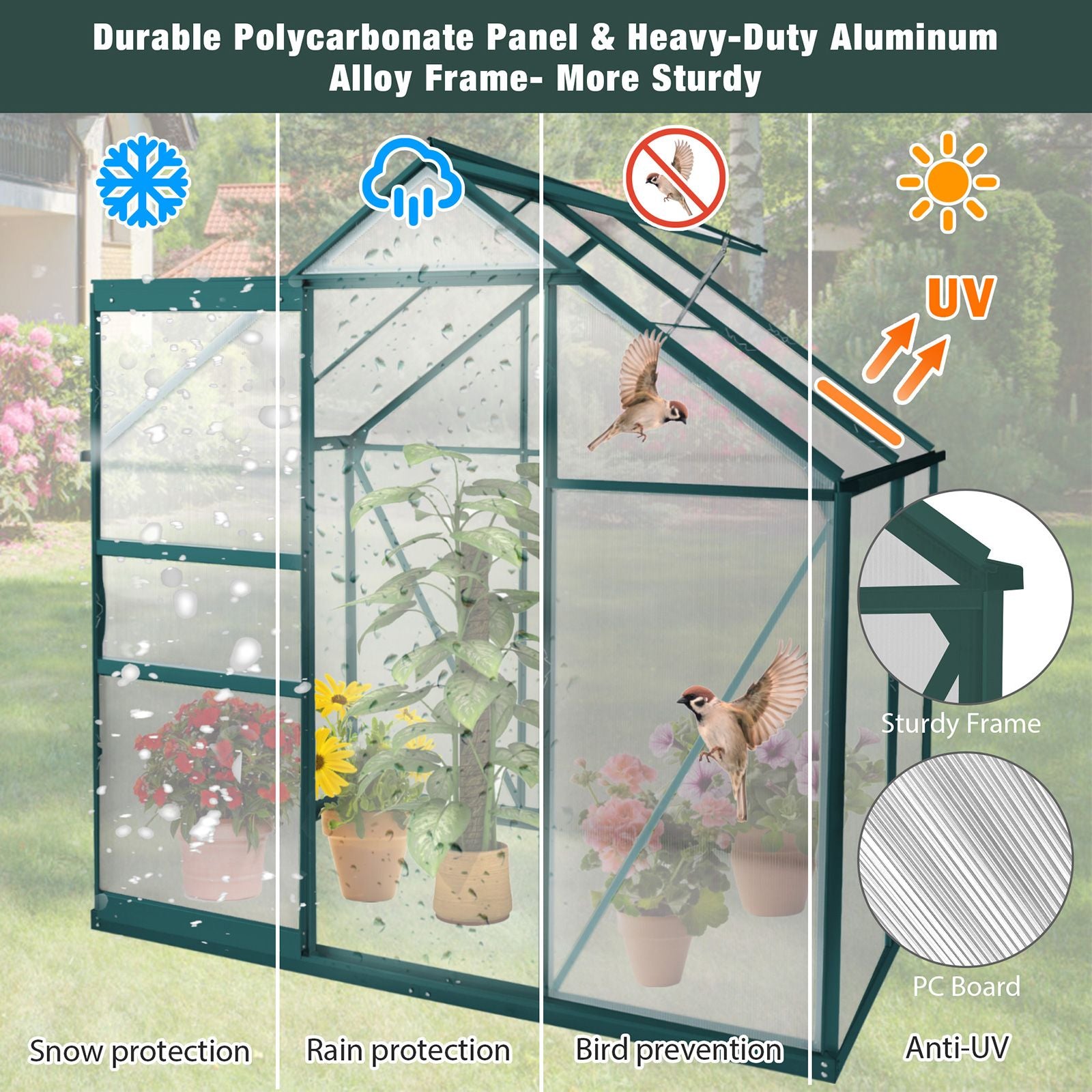 6x4 ft Walk-in Outdoor Greenhouse with Sliding Door, Vent Window, Rain Gutter