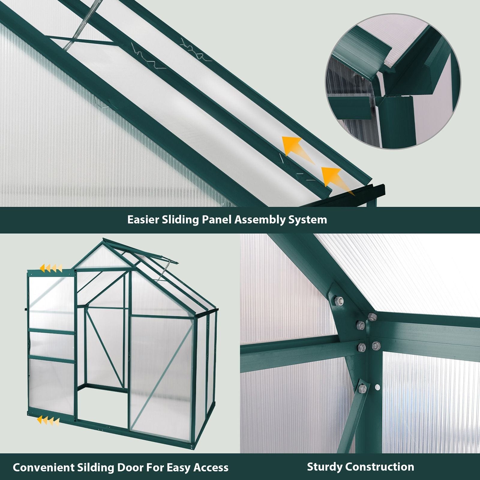6x4 ft Walk-in Outdoor Greenhouse with Sliding Door, Vent Window, Rain Gutter