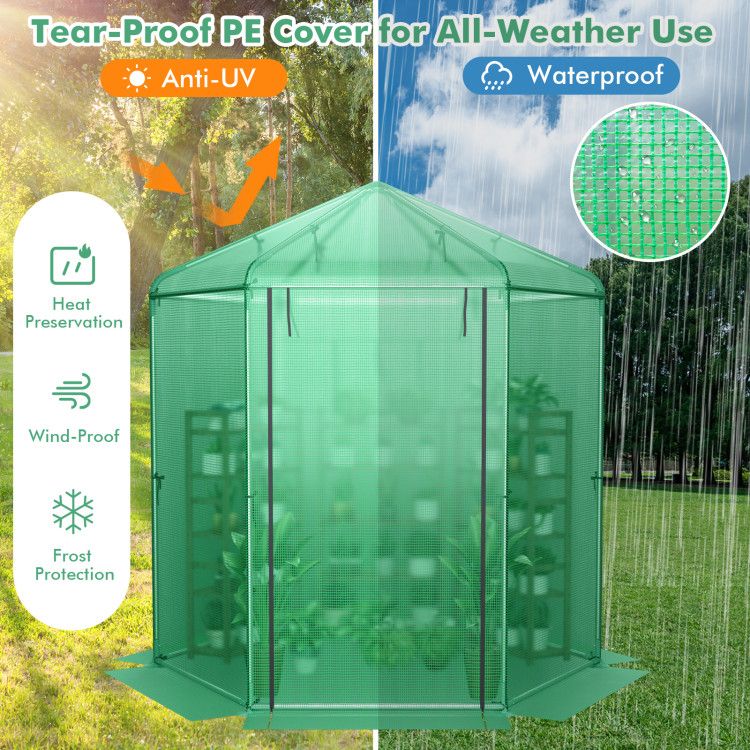 7' x 6' Hexagonal Walk-In Greenhouse, Dome Top, PE Cover, Roll-Up Door, Metal Frame
