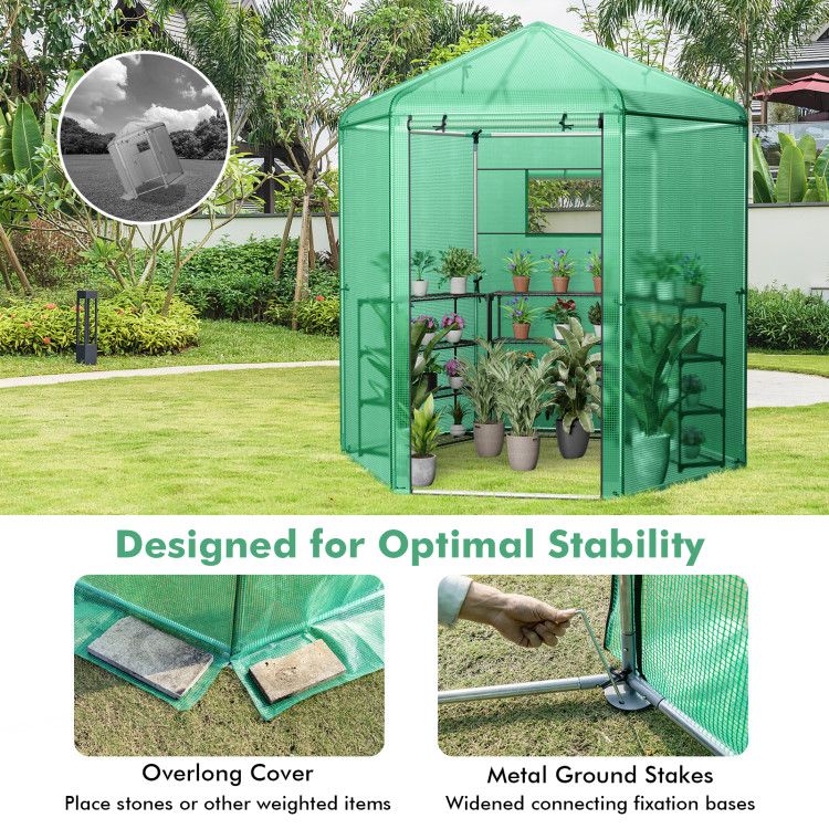 7' x 6' Hexagonal Walk-In Greenhouse, Dome Top, PE Cover, Roll-Up Door, Metal Frame