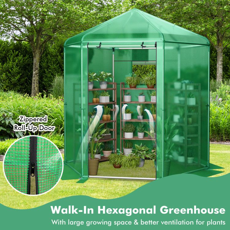 7' x 6' Hexagonal Walk-In Greenhouse, Dome Top, PE Cover, Roll-Up Door, Metal Frame