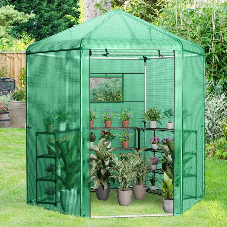 7' x 6' Hexagonal Walk-In Greenhouse, Dome Top, PE Cover, Roll-Up Door, Metal Frame