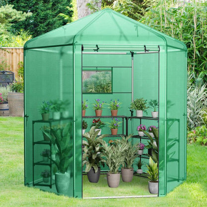 7' x 6' Hexagonal Walk-In Greenhouse, Dome Top, PE Cover, Roll-Up Door, Metal Frame