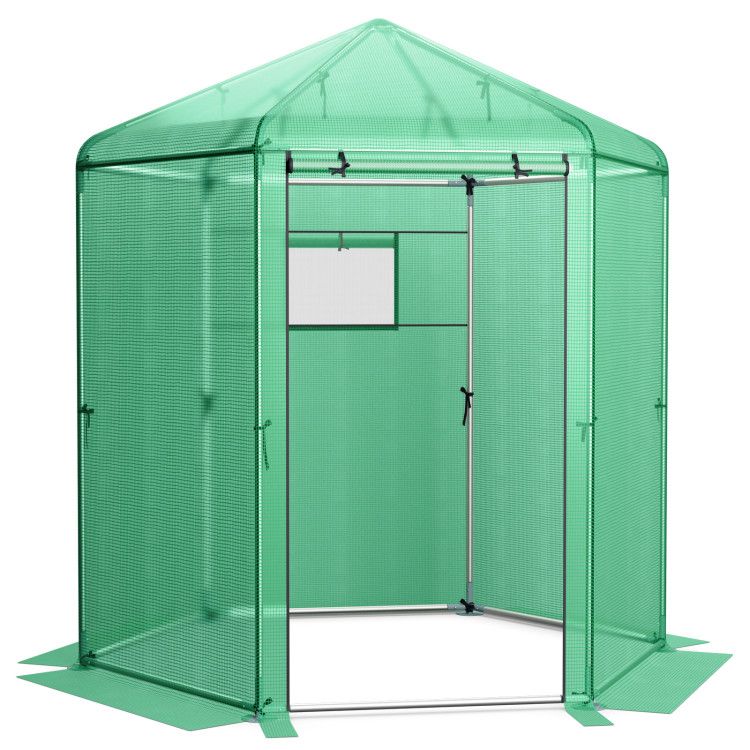 7' x 6' Hexagonal Walk-In Greenhouse, Dome Top, PE Cover, Roll-Up Door, Metal Frame