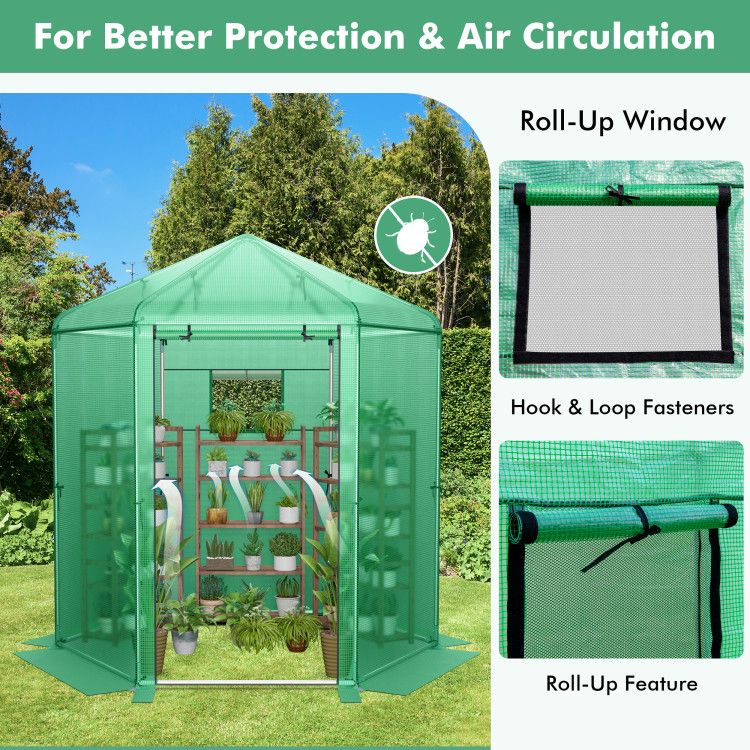 7' x 6' Hexagonal Walk-In Greenhouse, Dome Top, PE Cover, Roll-Up Door, Metal Frame
