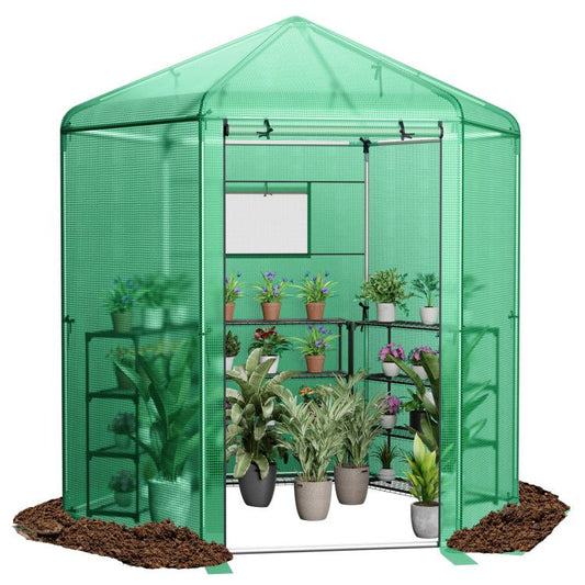 7' x 6' Hexagonal Walk-In Greenhouse, Dome Top, PE Cover, Roll-Up Door, Metal Frame