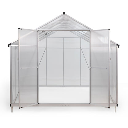 8' x 10' Polycarbonate Outdoor Greenhouse, Aluminum Walk-in Green House w/ 5-Level Adjustable Vents, Gutter and Door, Large Sun Room for Garden Backyard