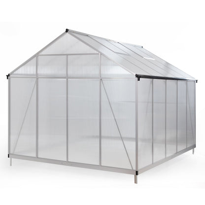 8' x 10' Polycarbonate Outdoor Greenhouse, Aluminum Walk-in Green House w/ 5-Level Adjustable Vents, Gutter and Door, Large Sun Room for Garden Backyard