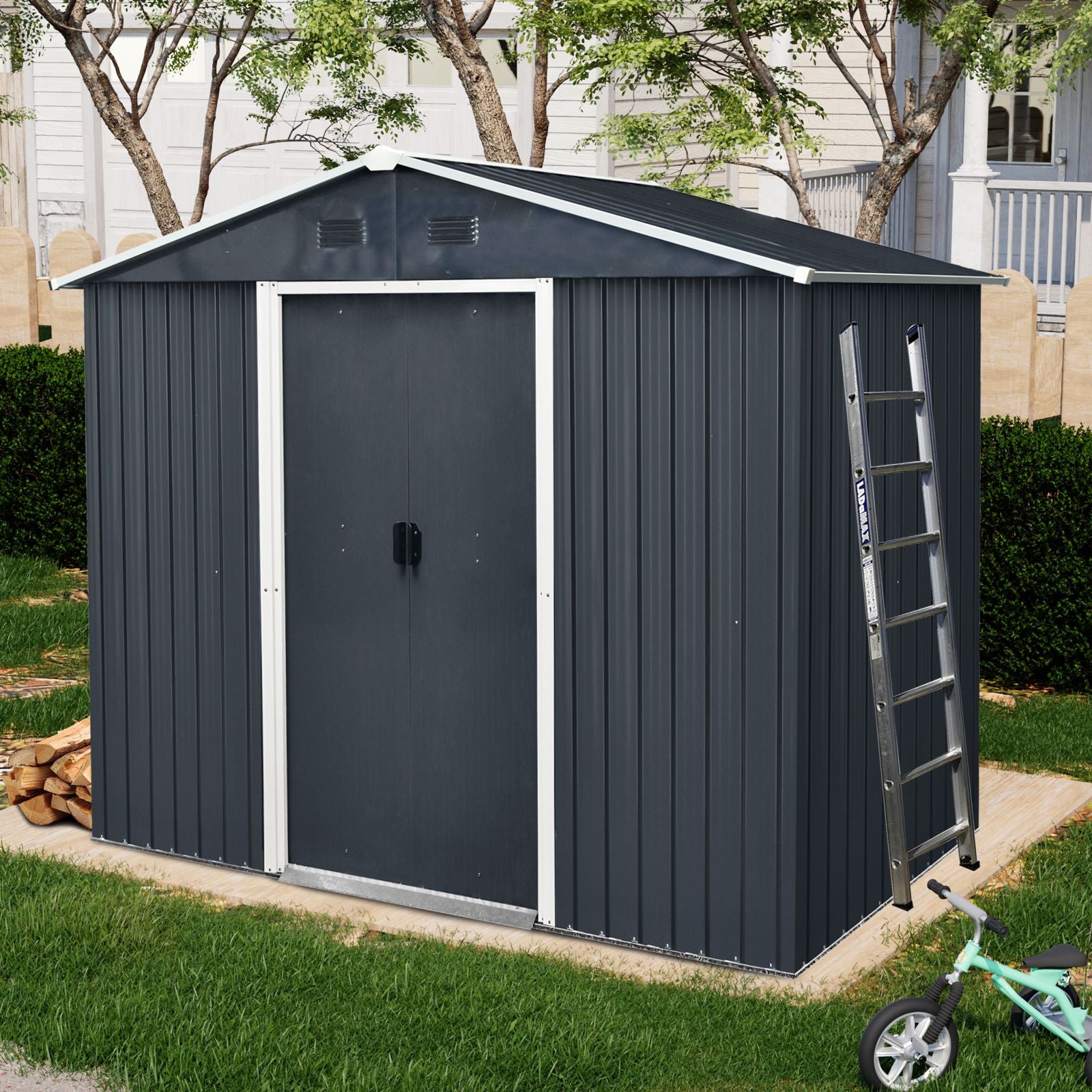 8' x 4' Metal Storage Shed with Sloped Roof, Lockable Door & Sliding Door