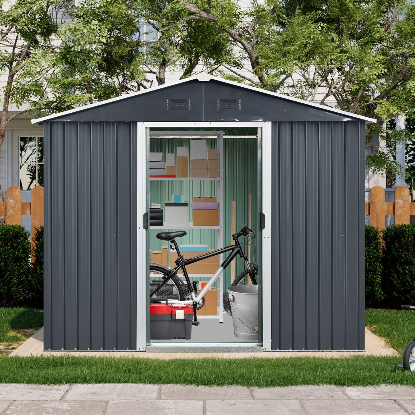 8' x 4' Metal Storage Shed with Sloped Roof, Lockable Door & Sliding Door