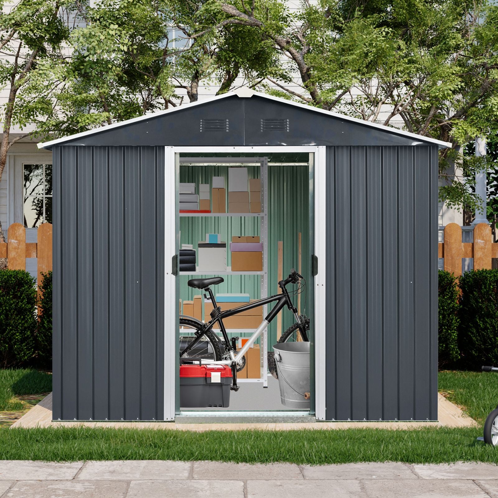 8' x 4' Metal Storage Shed with Sloped Roof, Lockable Door & Sliding Door