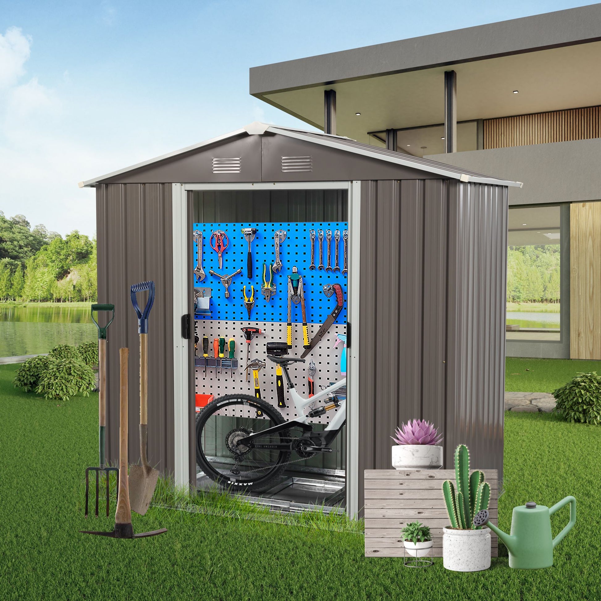 8' x 4' Outdoor Metal Storage Shed with Sliding Doors & Vents