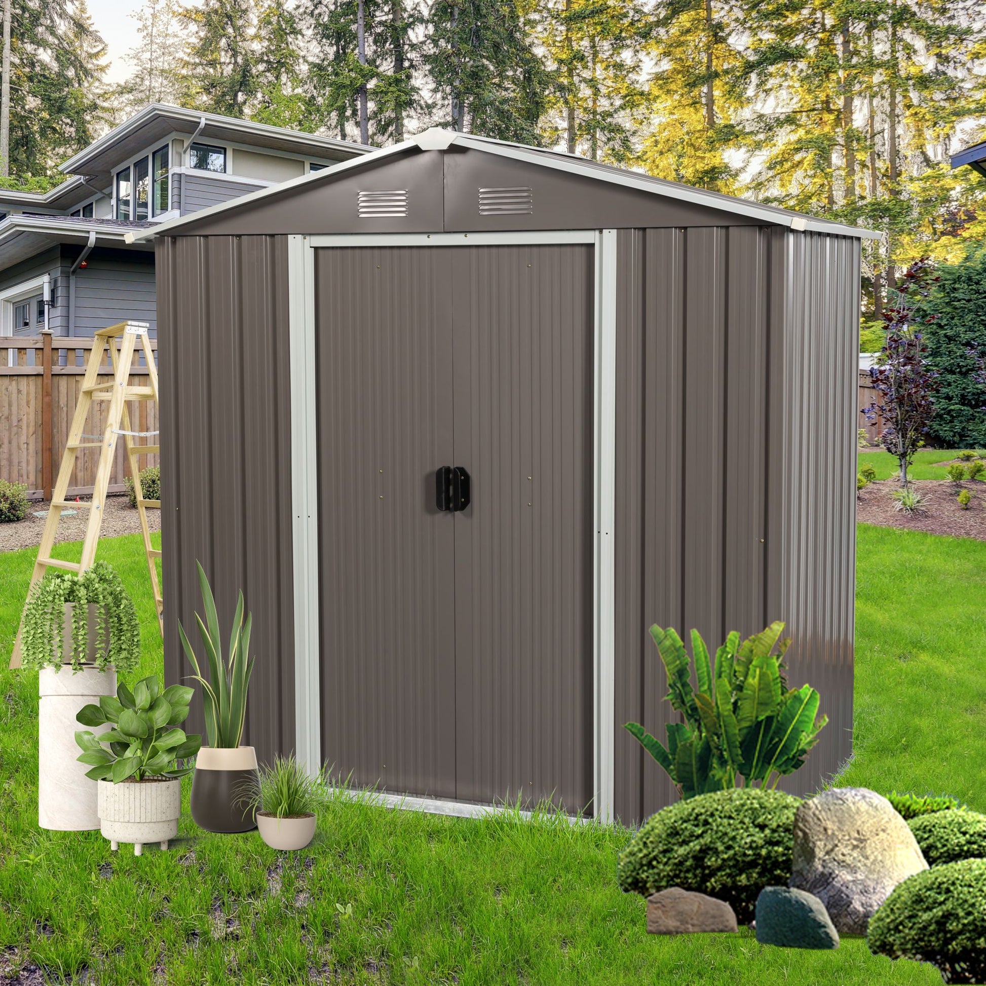 8' x 4' Outdoor Metal Storage Shed with Sliding Doors & Vents