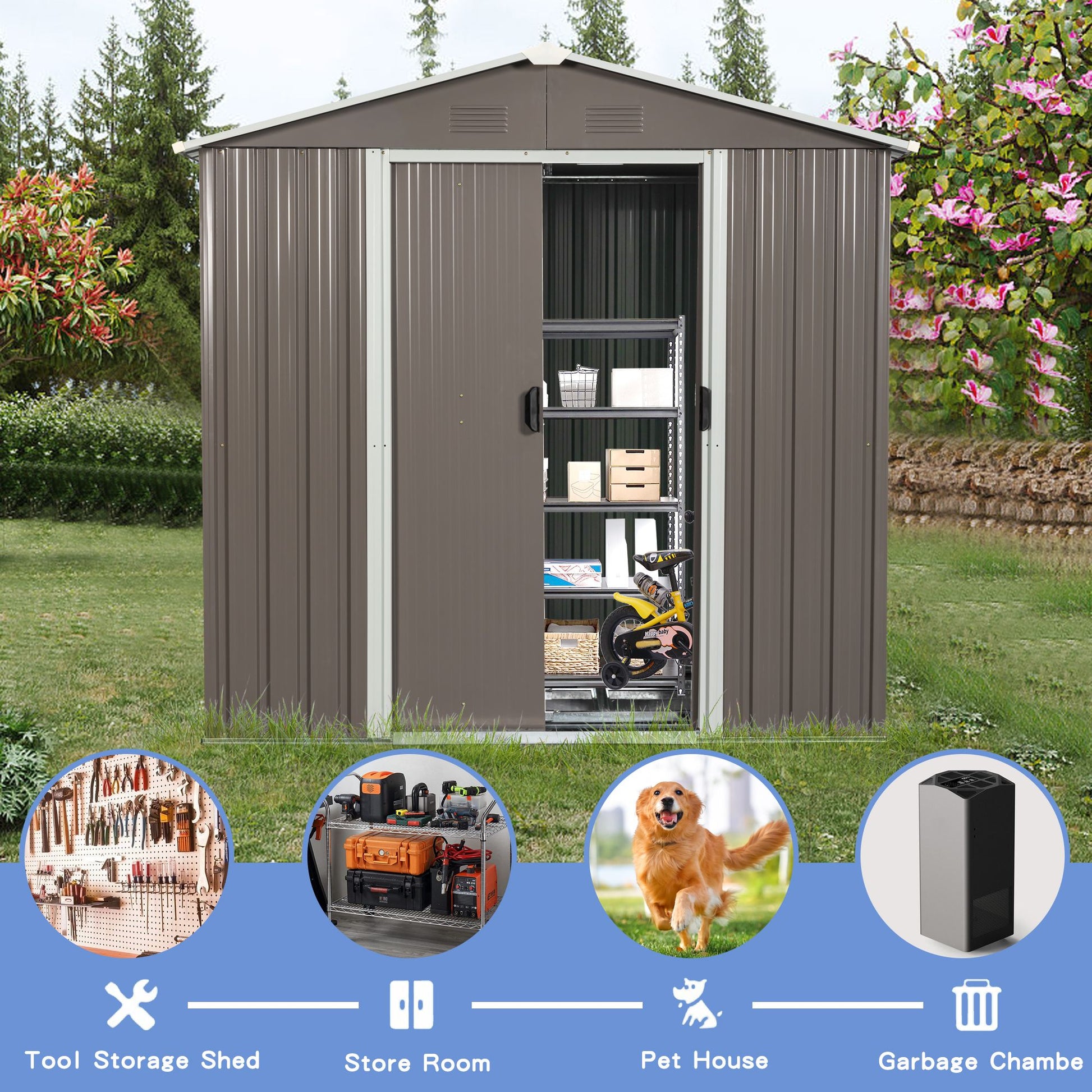 8' x 4' Outdoor Metal Storage Shed with Sliding Doors & Vents