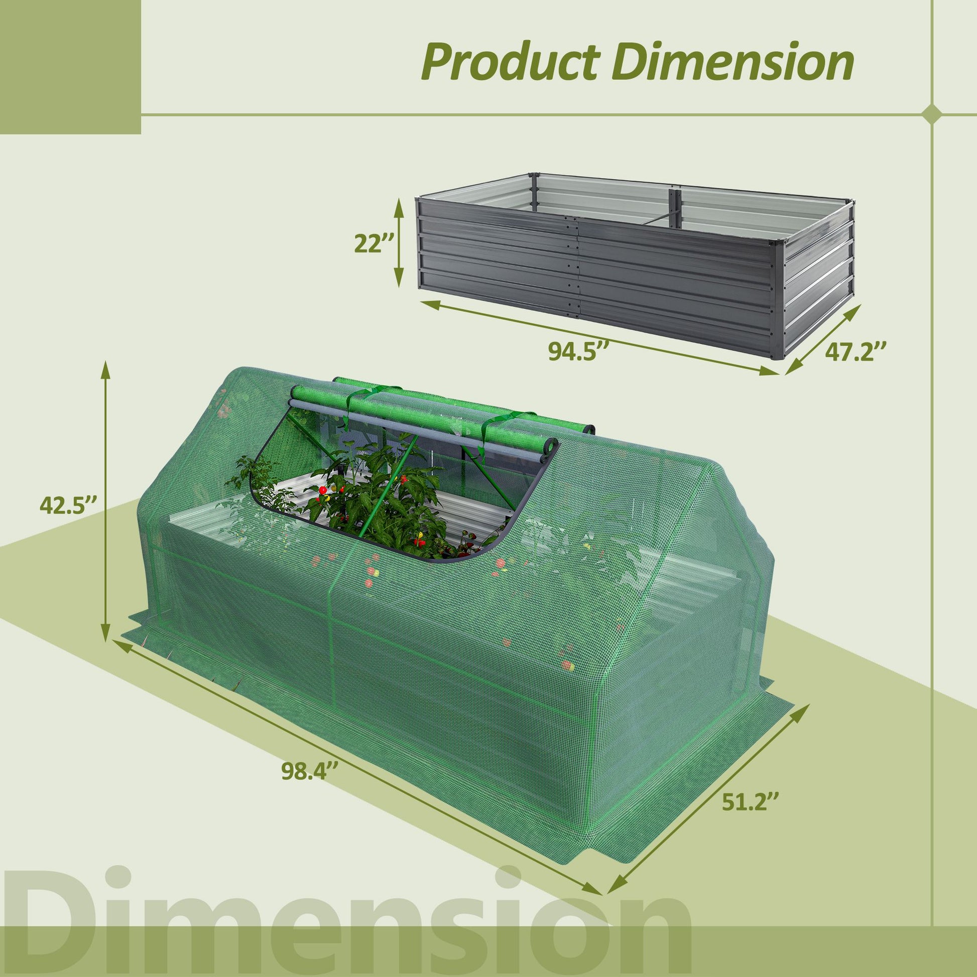 8' x 4' Raised Garden Bed with Greenhouse Cover, Galvanized Metal Frame