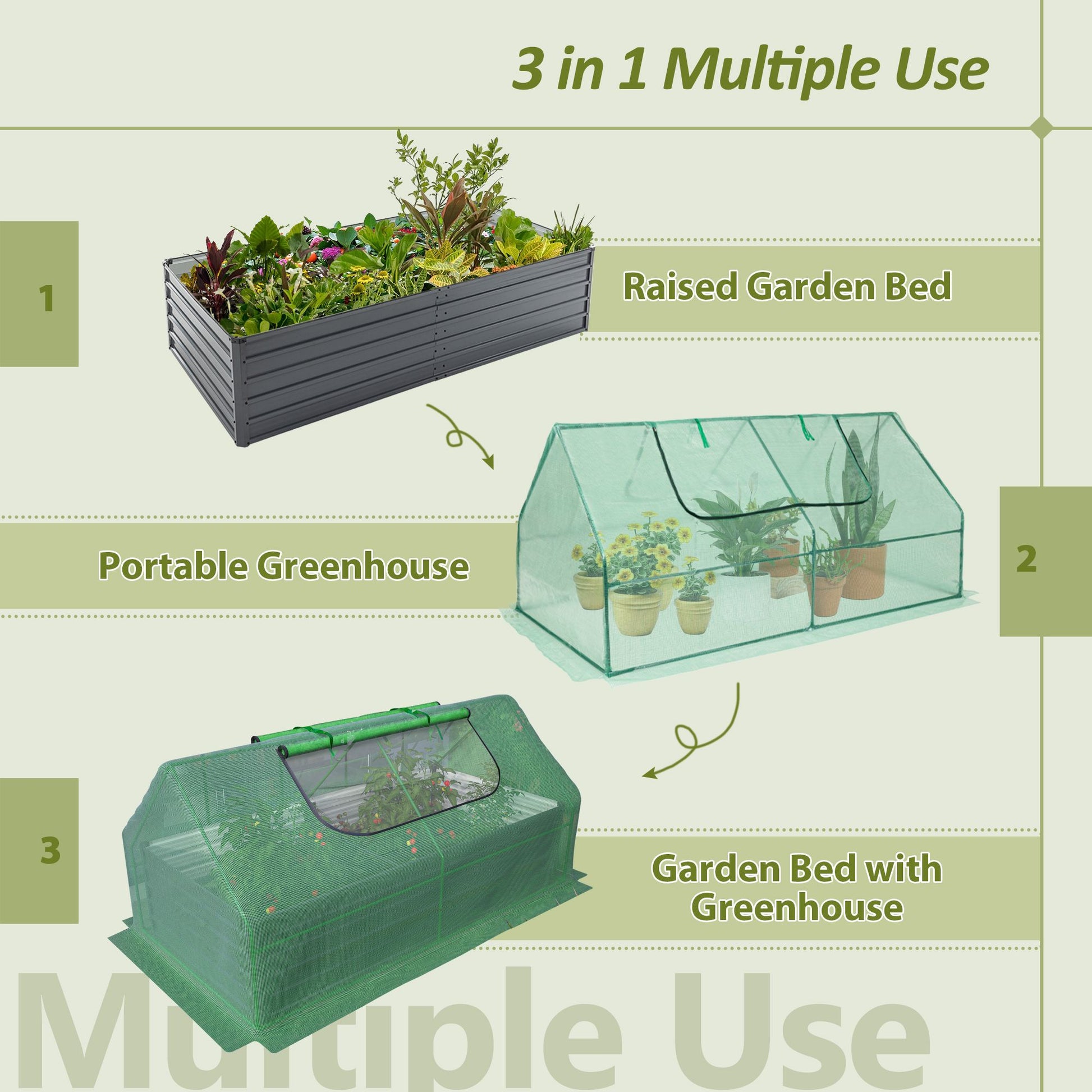 8' x 4' Raised Garden Bed with Greenhouse Cover, Galvanized Metal Frame