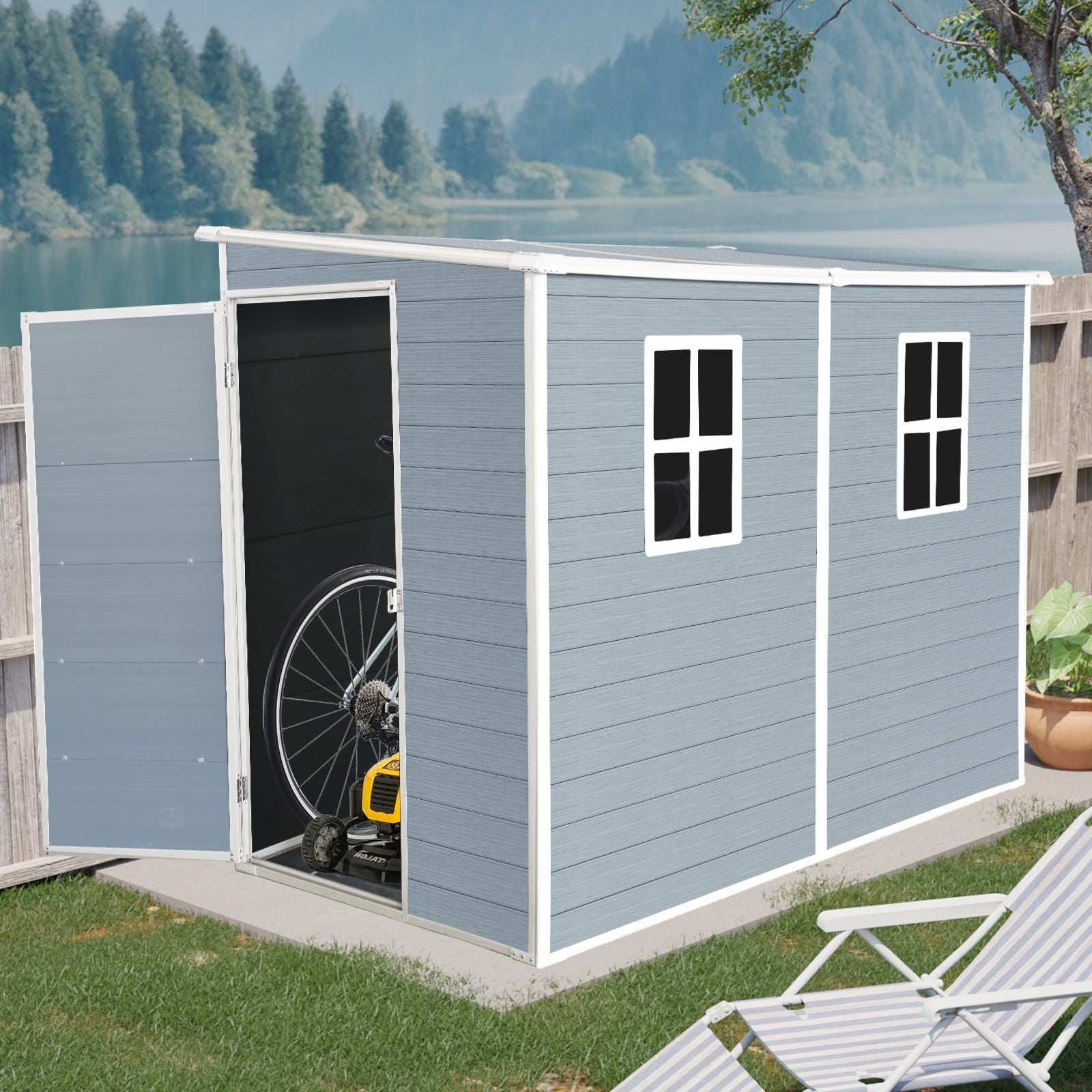 8' x 4' Resin Outdoor Storage Shed with Floor, Two Windows & Lockable Doors