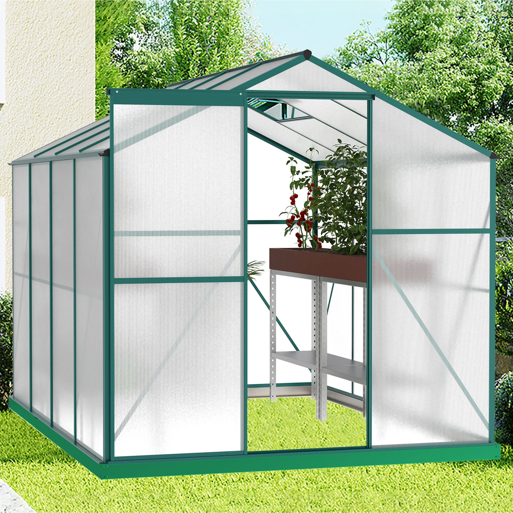 8' x 6' Polycarbonate Greenhouse, Aluminum Frame, Sliding Door, Adjustable Roof Vent