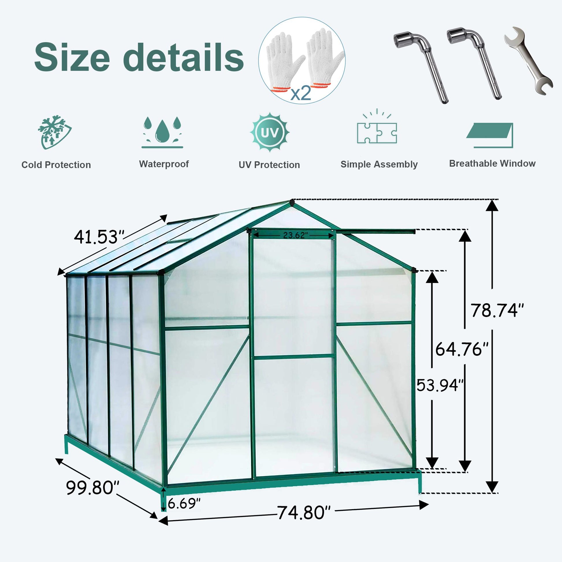 8' x 6' Polycarbonate Greenhouse, Aluminum Frame, Sliding Door, Adjustable Roof Vent