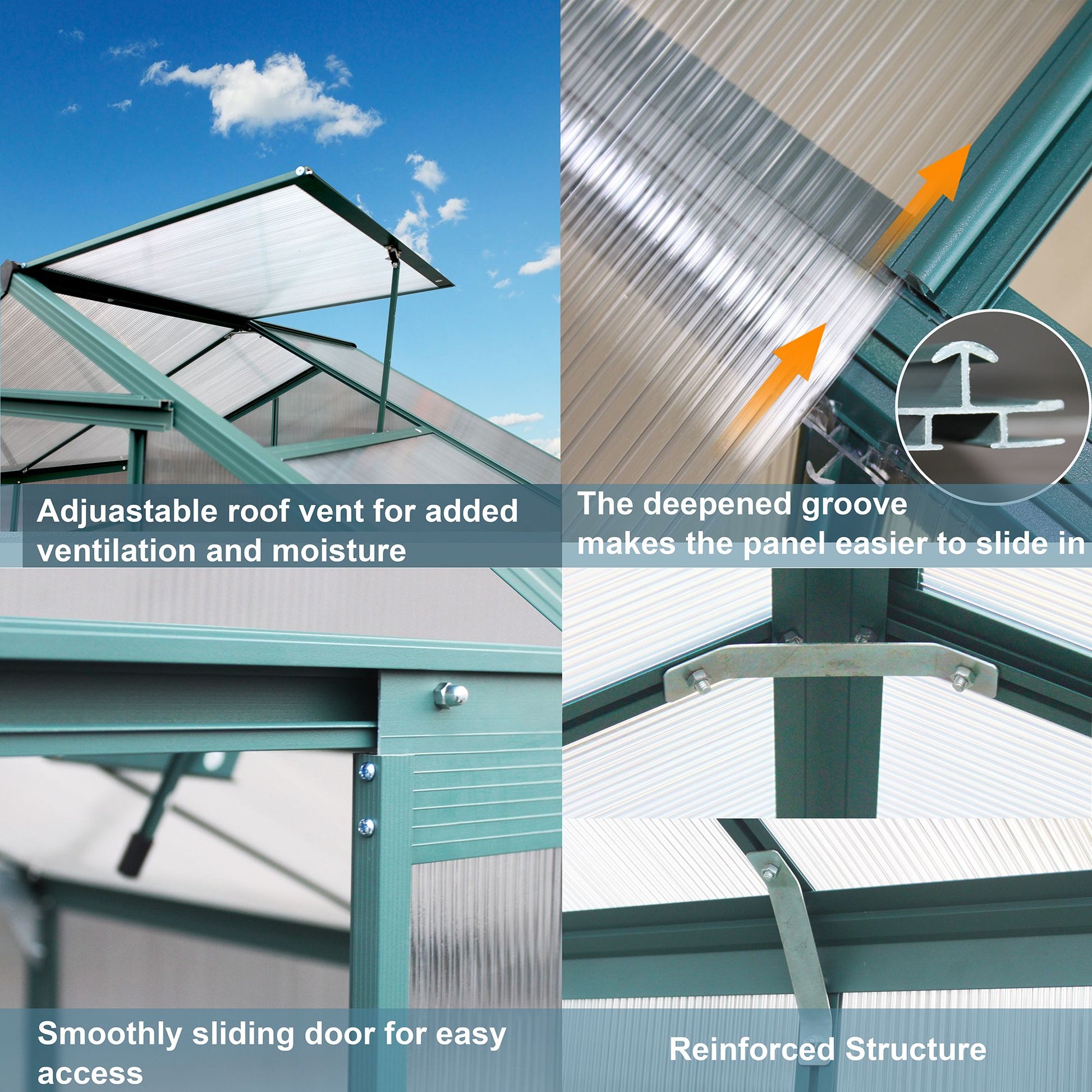 8' x 6' Polycarbonate Greenhouse, Aluminum Frame, Sliding Door, Adjustable Roof Vent