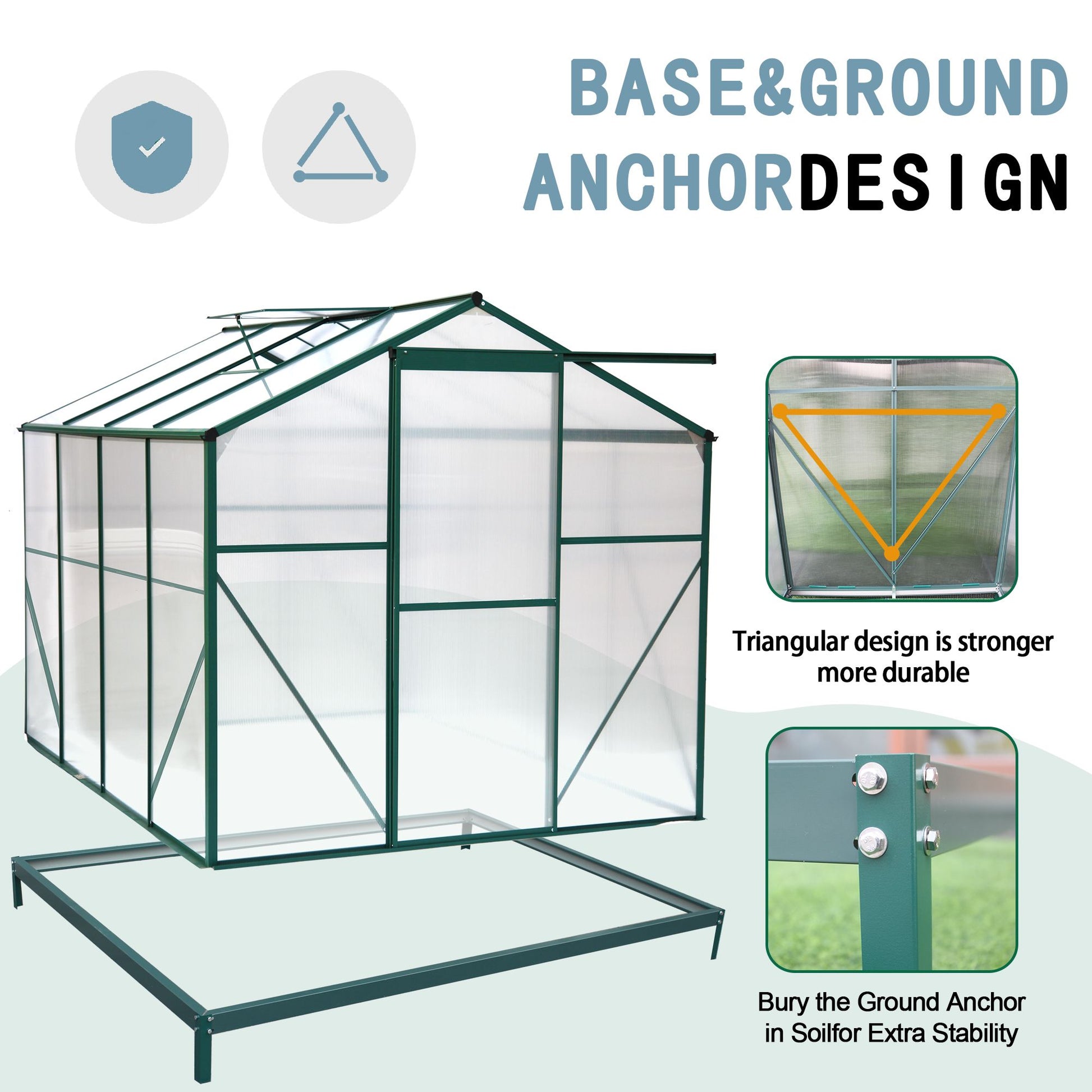 8' x 6' Polycarbonate Greenhouse, Aluminum Frame, Sliding Door, Adjustable Roof Vent