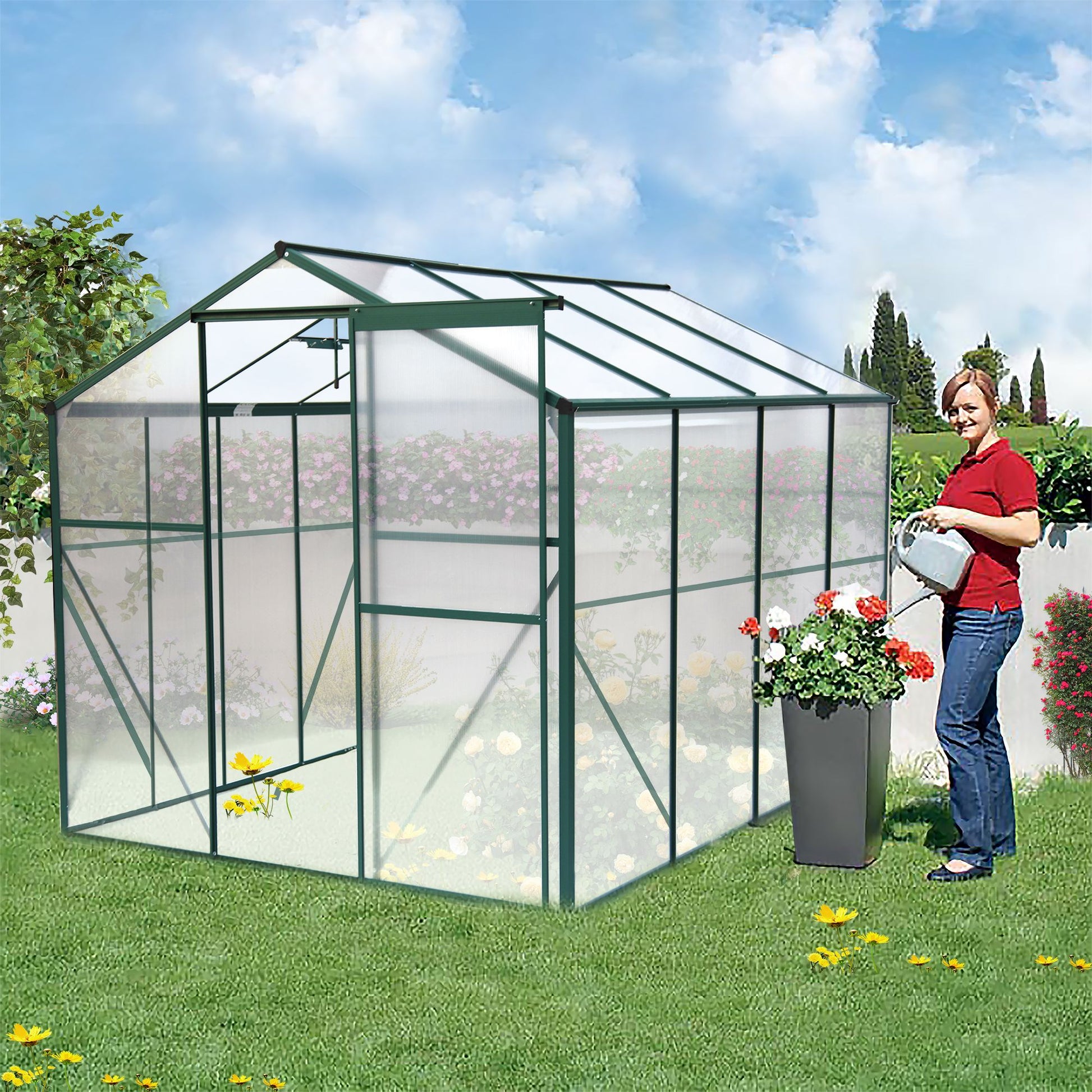8' x 6' Polycarbonate Greenhouse, Aluminum Frame, Sliding Door, Adjustable Roof Vent