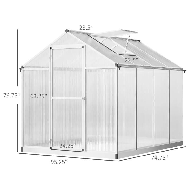8' x 6.25' Polycarbonate Greenhouse, Transparent Sheets, Aluminum Frame, Ventilation