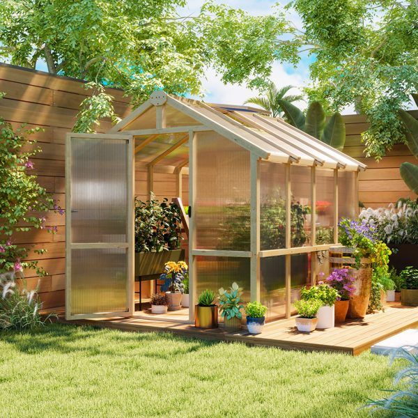8' x 6.5' Polycarbonate Greenhouse, Fir Wood Frame, Lockable Door, Thermal Insulation