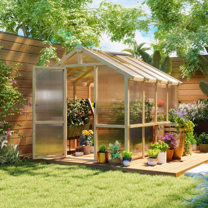 8' x 6.5' Polycarbonate Greenhouse, Fir Wood Frame, Lockable Door, Thermal Insulation