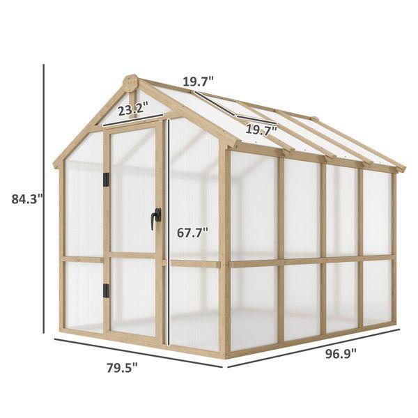 8' x 6.5' Polycarbonate Greenhouse, Fir Wood Frame, Lockable Door, Thermal Insulation