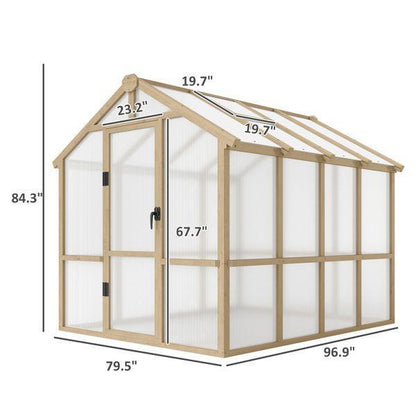 8' x 6.5' Polycarbonate Greenhouse, Fir Wood Frame, Lockable Door, Thermal Insulation