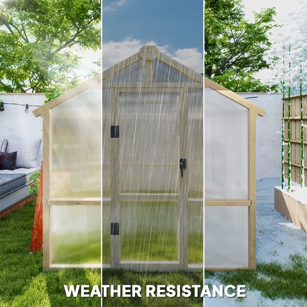 8' x 6.5' Polycarbonate Greenhouse, Fir Wood Frame, Lockable Door, Thermal Insulation