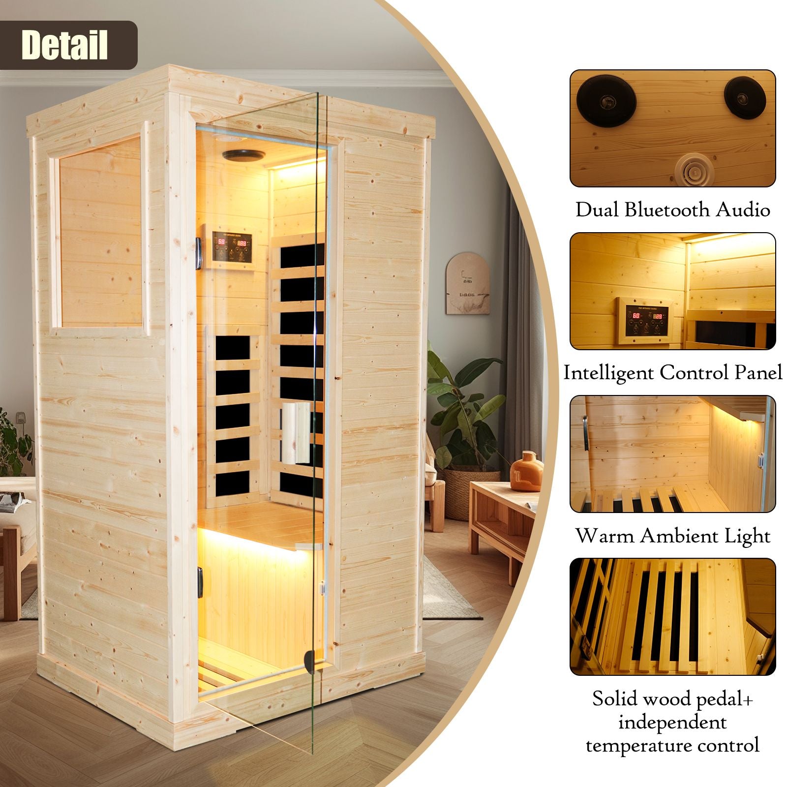 900W Single Person Spruce Far Infrared Sauna, Bluetooth Music