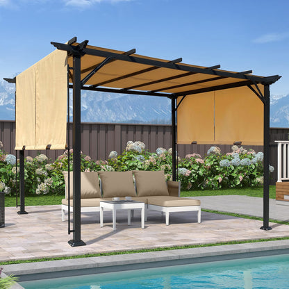 9.5' x 12' Outdoor Pergola – Retractable Shade Canopy, Steel Frame Grape Gazebo, Sun Shelter for Gardens & Backyard