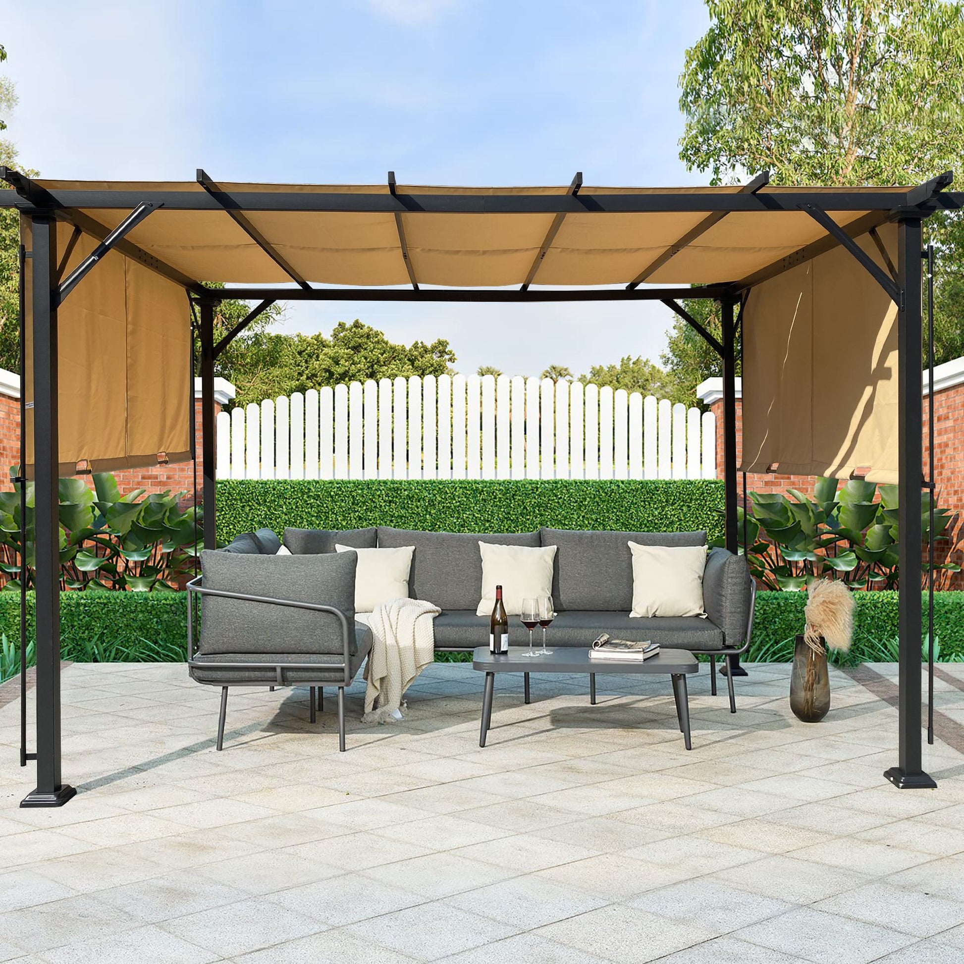 9.5' x 12' Outdoor Pergola – Retractable Shade Canopy, Steel Frame Grape Gazebo, Sun Shelter for Gardens & Backyard