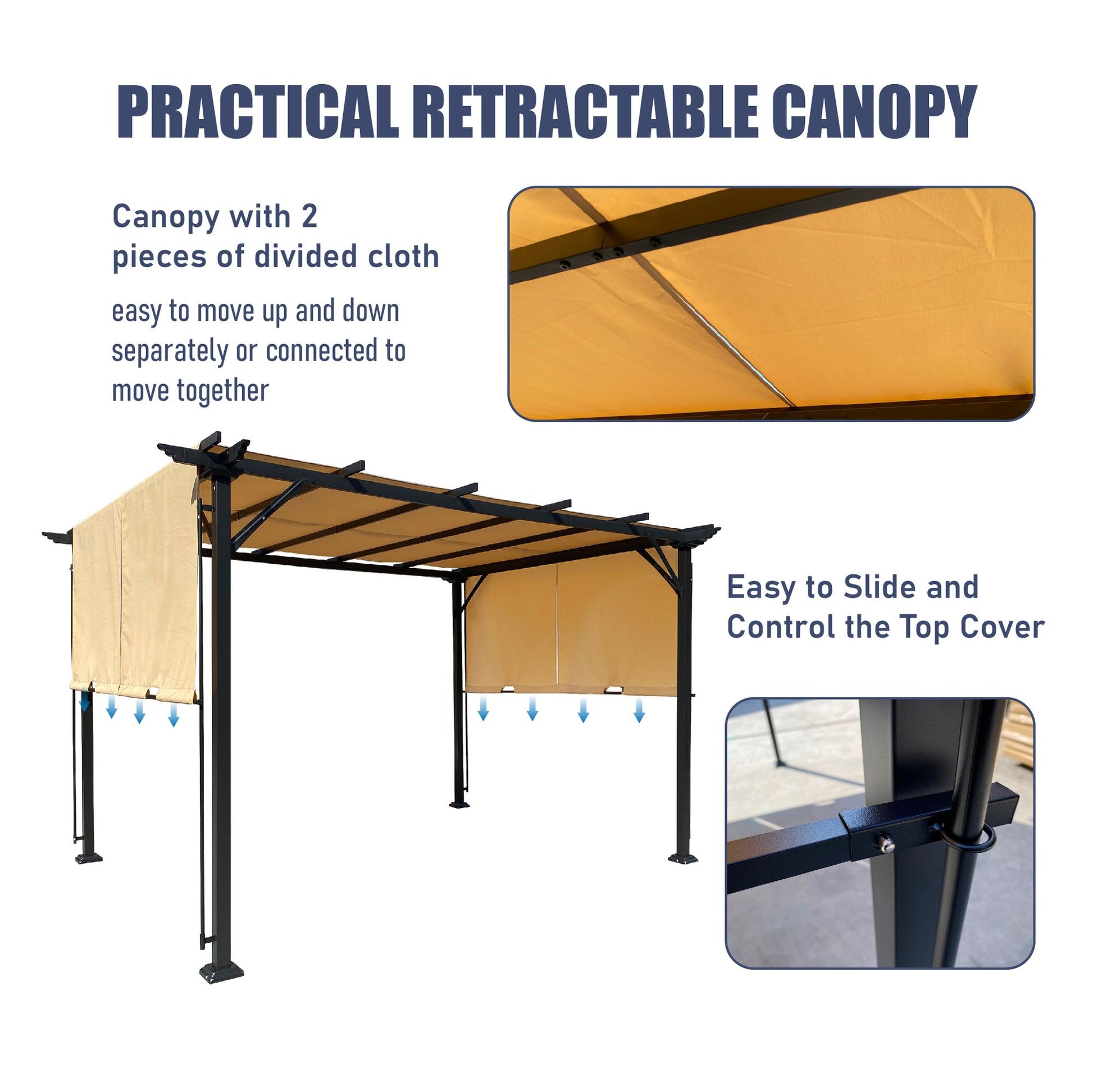 9.5' x 12' Outdoor Pergola – Retractable Shade Canopy, Steel Frame Grape Gazebo, Sun Shelter for Gardens & Backyard