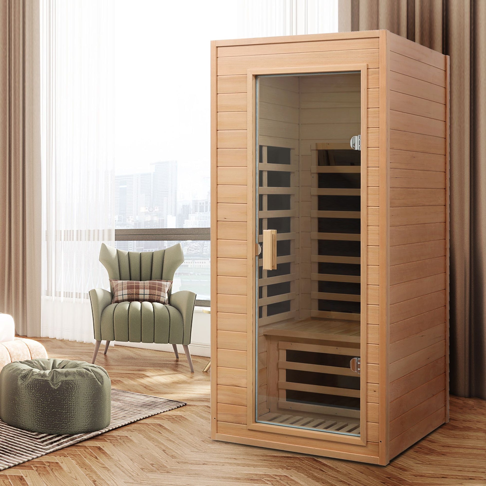 Hemlock One-Person Far Infrared Indoor Sauna, 1290W, Bluetooth, LCD Control