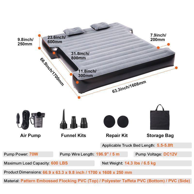 Truck Bed Air Mattress, 5.5-5.8ft Fit, Inflatable Mattress for Camping & Outdoor Use