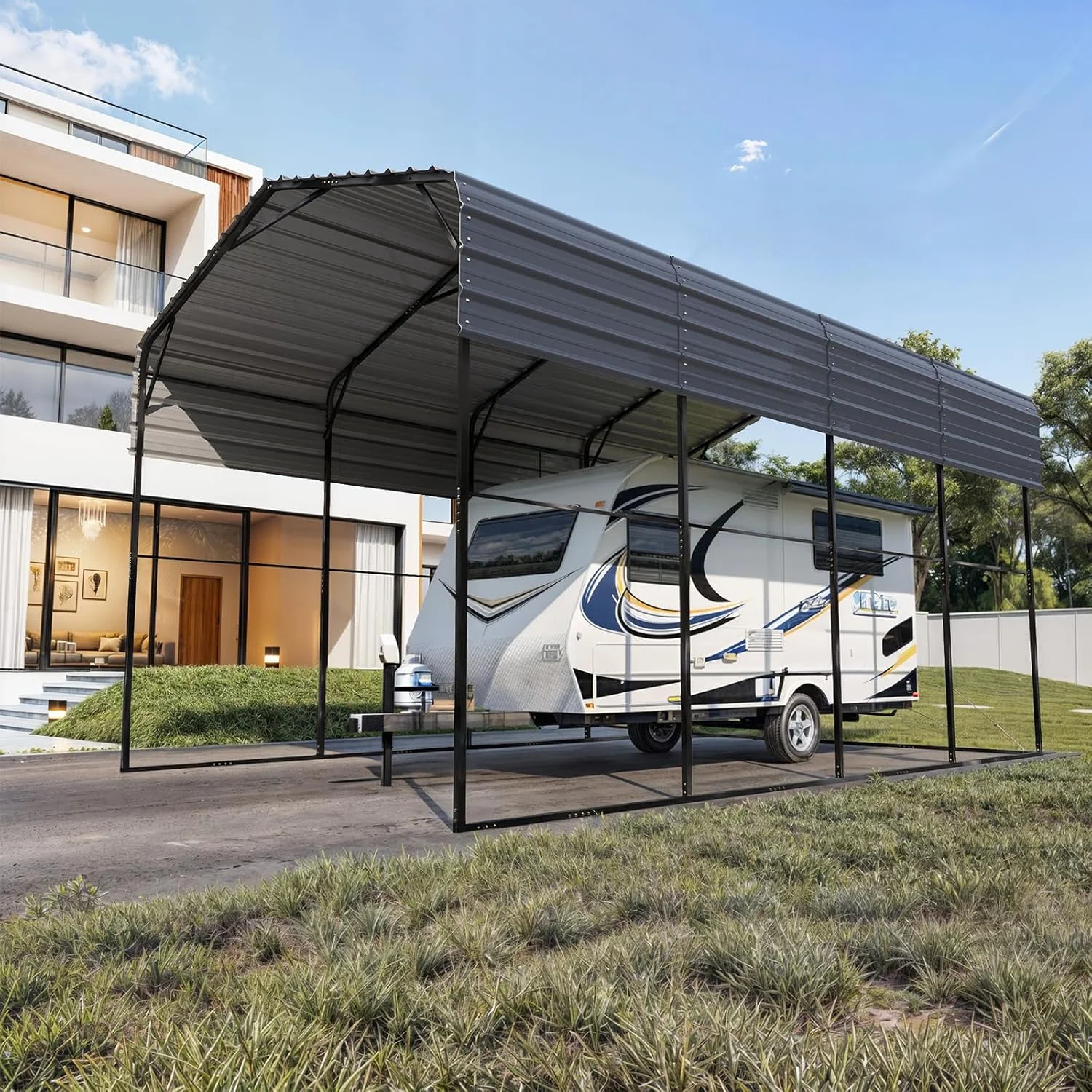 14×20 FT RV Metal Carport, 14 FT Peak High, 2x2 Inch Galvanized Steel Frame